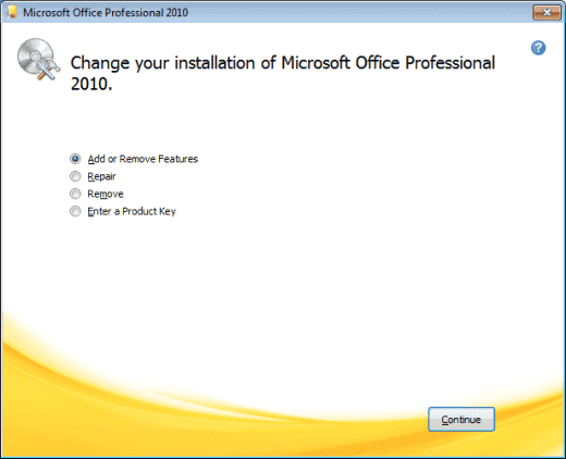 Office 2010 Add Remove Features option