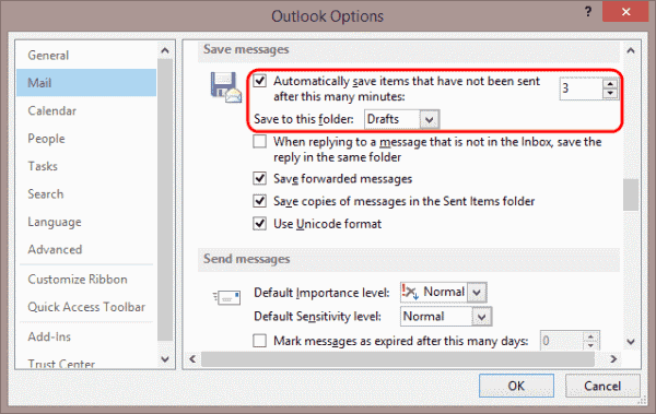 Outlook 2013 Draft save setting
