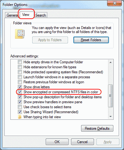 Windows show compressed or encypted files in color setting