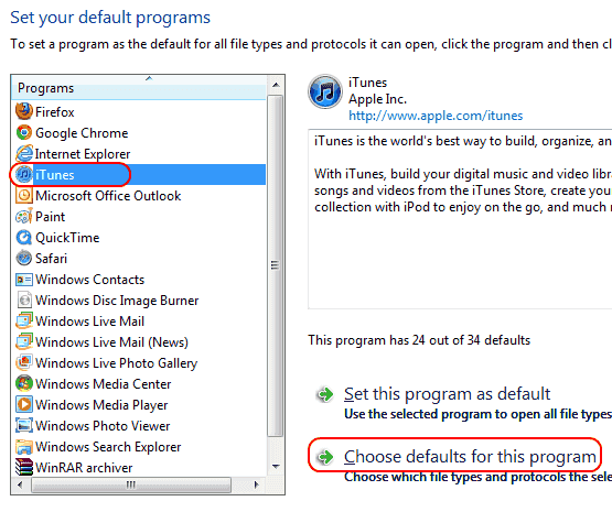 Win7 Select program to set default options
