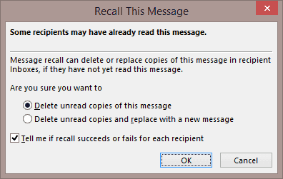 Outlook Recall This Message dialog