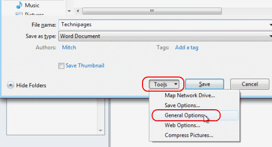 Word 2010 General Options selection on Save menu
