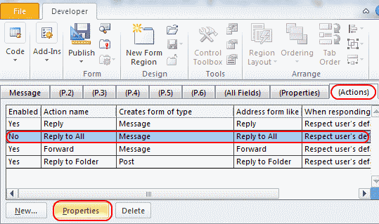 Outlook 2010 form actions tab and properties