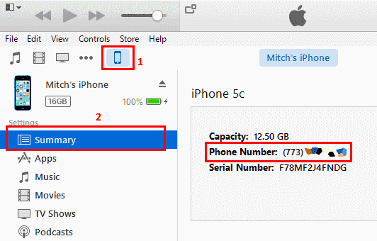 iTunes Phone Number screen