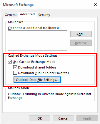 Outlook Cached Exchange Mode more settings